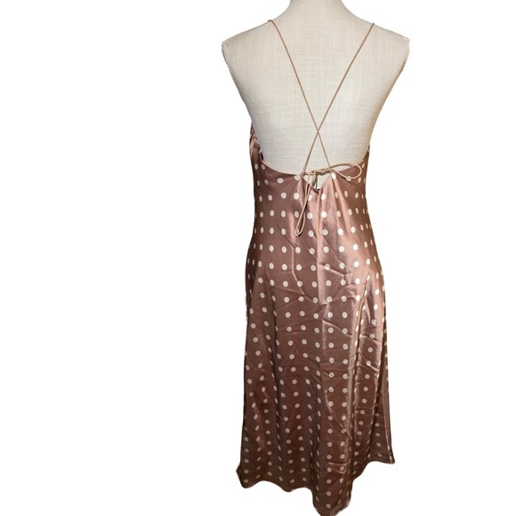 CAMI NYC Polka Dot Slip Myla Midi Dress Tan White XS Spaghetti Straps Tie Back - Picture 4 of 6